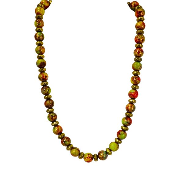 Red and green multi color glass bead necklace mixed with burnished gold beads - Picture 4 of 12